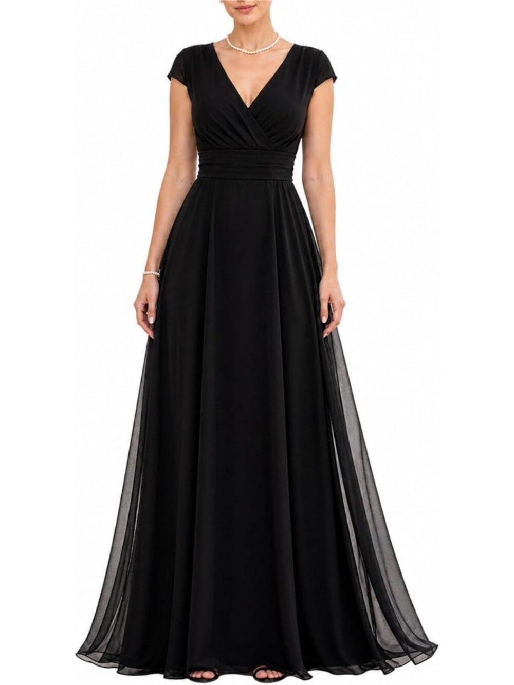 Chic V Neck Short Sleeve Chiffon Maxi Dress, Ruched Waist A-Line Evening Gown